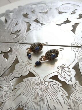 High End Designer natural blue stones, gold on brass earrings, oval,M Golan,mint